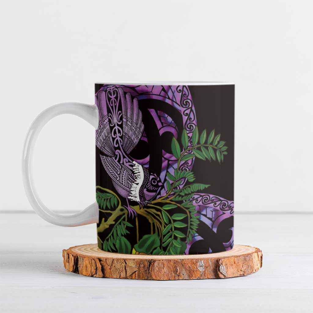 Purple New Zealand Kowhai And Piwakawaka Ceramic Mug Maori Ngaru Paua Shell LT14 Purple - Polynesian Pride
