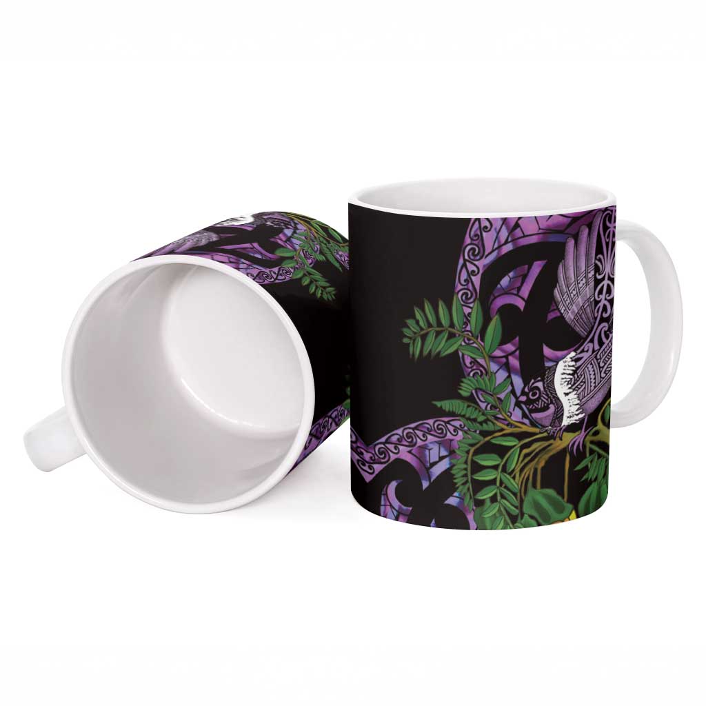 Purple New Zealand Kowhai And Piwakawaka Ceramic Mug Maori Ngaru Paua Shell LT14 - Polynesian Pride