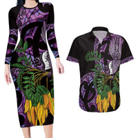 Purple New Zealand Kowhai And Piwakawaka Couples Matching Long Sleeve Bodycon Dress and Hawaiian Shirt Maori Ngaru Paua Shell LT14 Purple - Polynesian Pride
