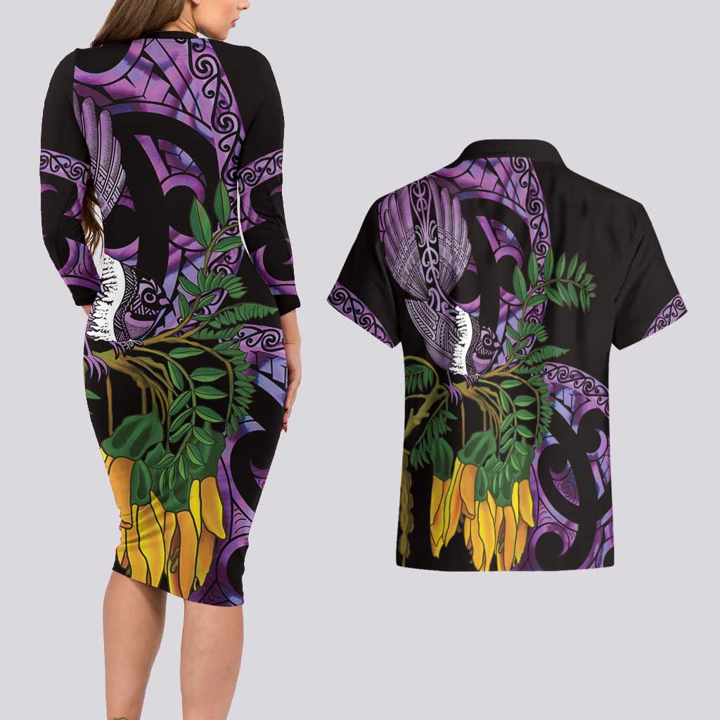 Purple New Zealand Kowhai And Piwakawaka Couples Matching Long Sleeve Bodycon Dress and Hawaiian Shirt Maori Ngaru Paua Shell LT14 - Polynesian Pride