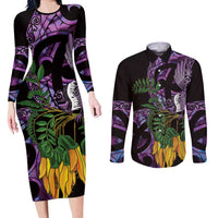 Purple New Zealand Kowhai And Piwakawaka Couples Matching Long Sleeve Bodycon Dress and Long Sleeve Button Shirt Maori Ngaru Paua Shell LT14 Purple - Polynesian Pride