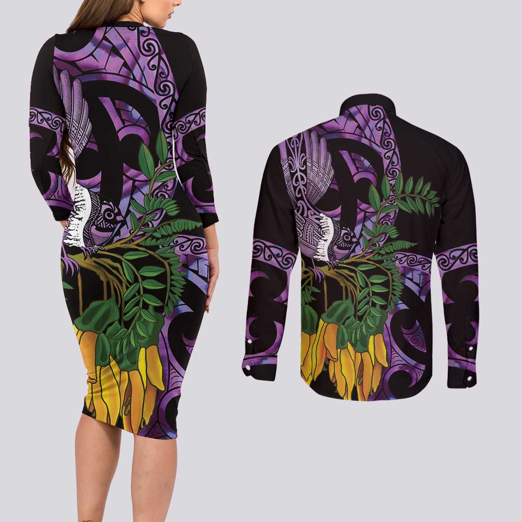 Purple New Zealand Kowhai And Piwakawaka Couples Matching Long Sleeve Bodycon Dress and Long Sleeve Button Shirt Maori Ngaru Paua Shell LT14 - Polynesian Pride
