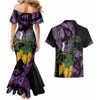Purple New Zealand Kowhai And Piwakawaka Couples Matching Mermaid Dress and Hawaiian Shirt Maori Ngaru Paua Shell LT14 - Polynesian Pride