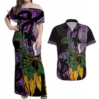 Purple New Zealand Kowhai And Piwakawaka Couples Matching Off Shoulder Maxi Dress and Hawaiian Shirt Maori Ngaru Paua Shell LT14 Purple - Polynesian Pride
