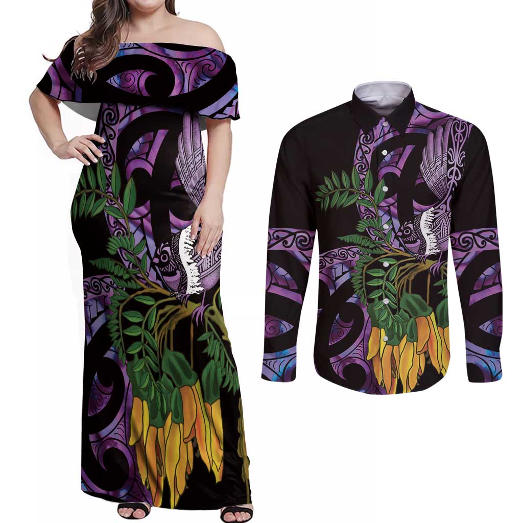 Purple New Zealand Kowhai And Piwakawaka Couples Matching Off Shoulder Maxi Dress and Long Sleeve Button Shirt Maori Ngaru Paua Shell LT14 Purple - Polynesian Pride