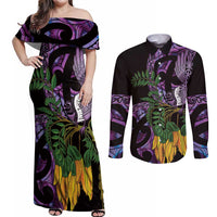 Purple New Zealand Kowhai And Piwakawaka Couples Matching Off Shoulder Maxi Dress and Long Sleeve Button Shirt Maori Ngaru Paua Shell LT14 Purple - Polynesian Pride