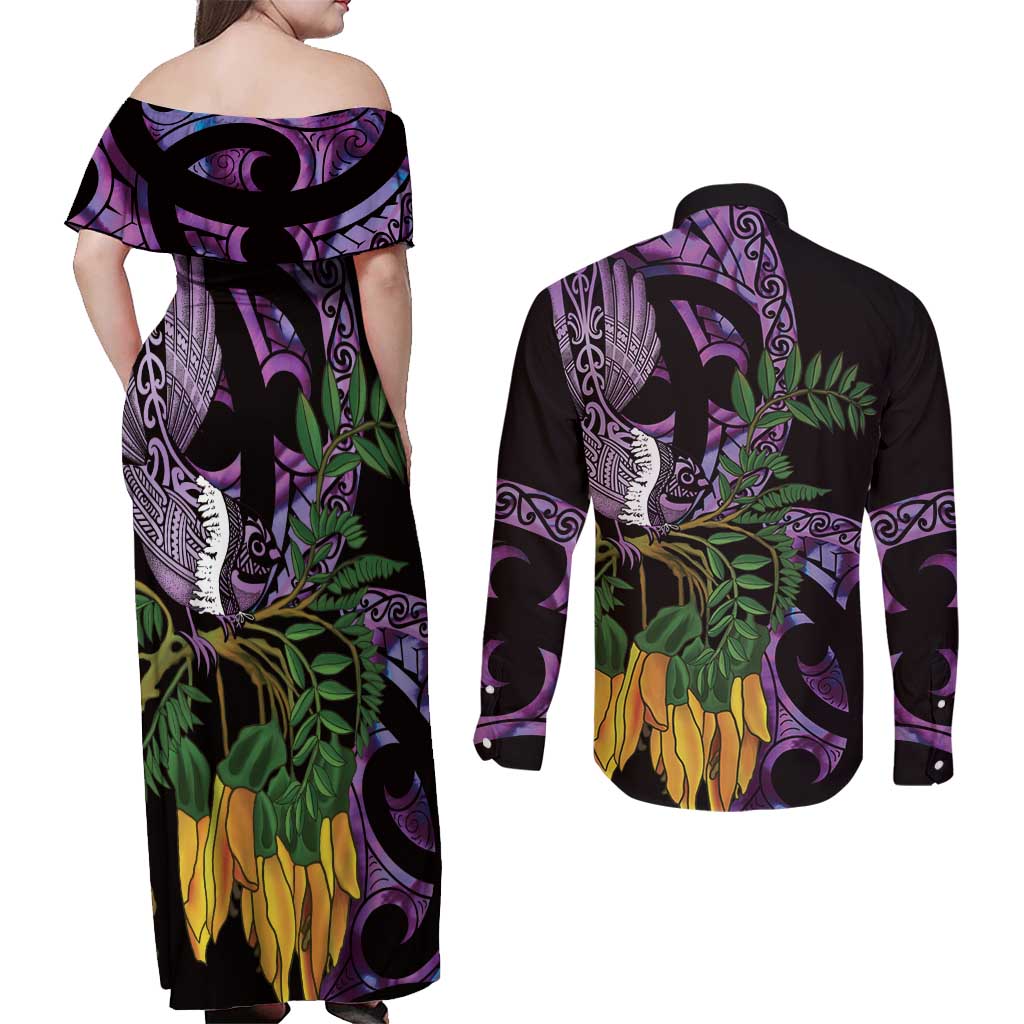 Purple New Zealand Kowhai And Piwakawaka Couples Matching Off Shoulder Maxi Dress and Long Sleeve Button Shirt Maori Ngaru Paua Shell LT14 - Polynesian Pride