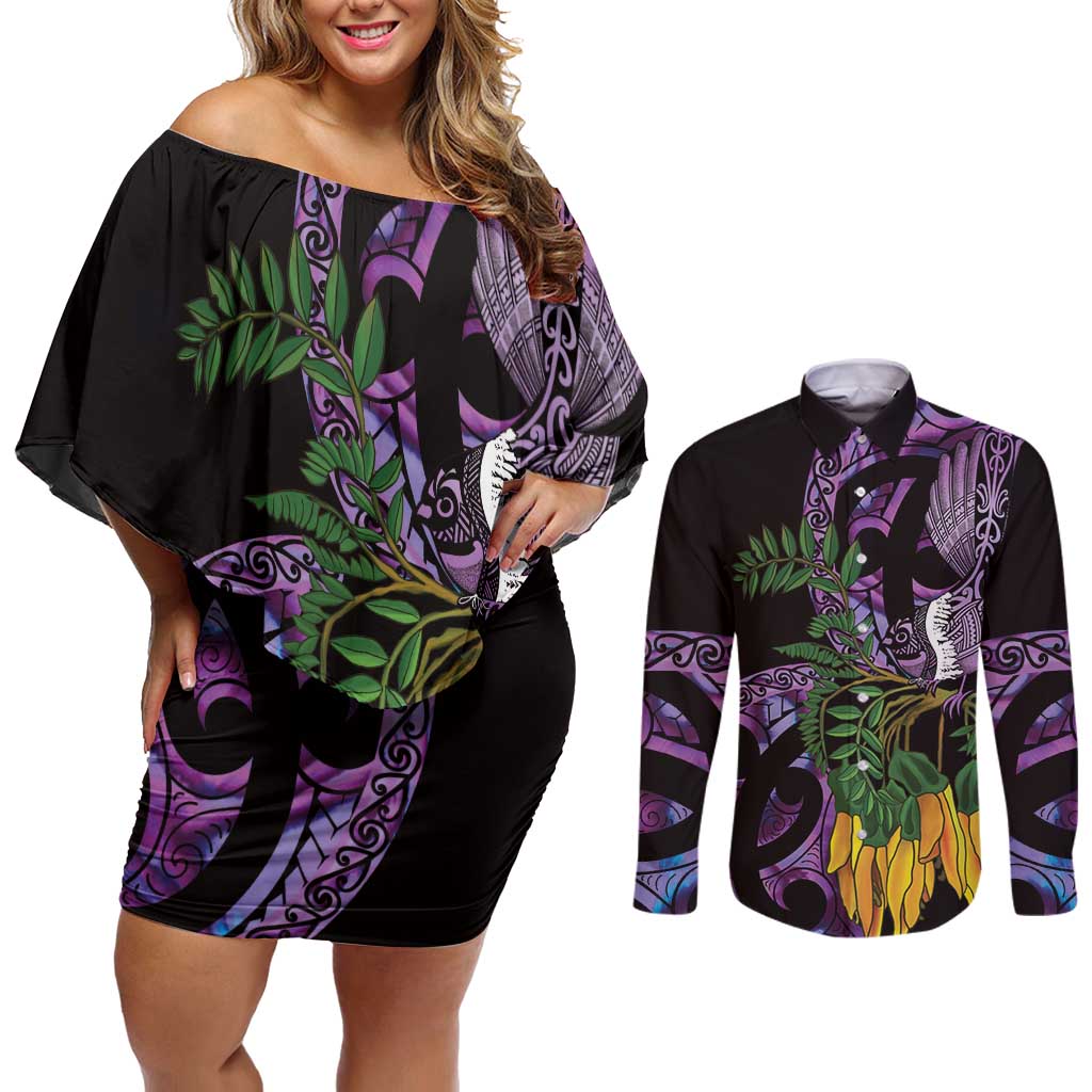 Purple New Zealand Kowhai And Piwakawaka Couples Matching Off Shoulder Short Dress and Long Sleeve Button Shirt Maori Ngaru Paua Shell LT14 Purple - Polynesian Pride
