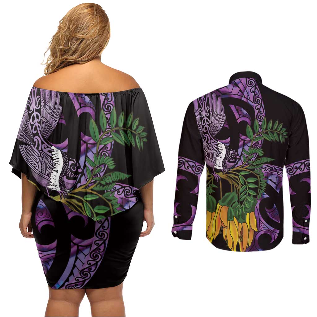 Purple New Zealand Kowhai And Piwakawaka Couples Matching Off Shoulder Short Dress and Long Sleeve Button Shirt Maori Ngaru Paua Shell LT14 - Polynesian Pride