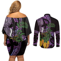 Purple New Zealand Kowhai And Piwakawaka Couples Matching Off Shoulder Short Dress and Long Sleeve Button Shirt Maori Ngaru Paua Shell LT14 - Polynesian Pride