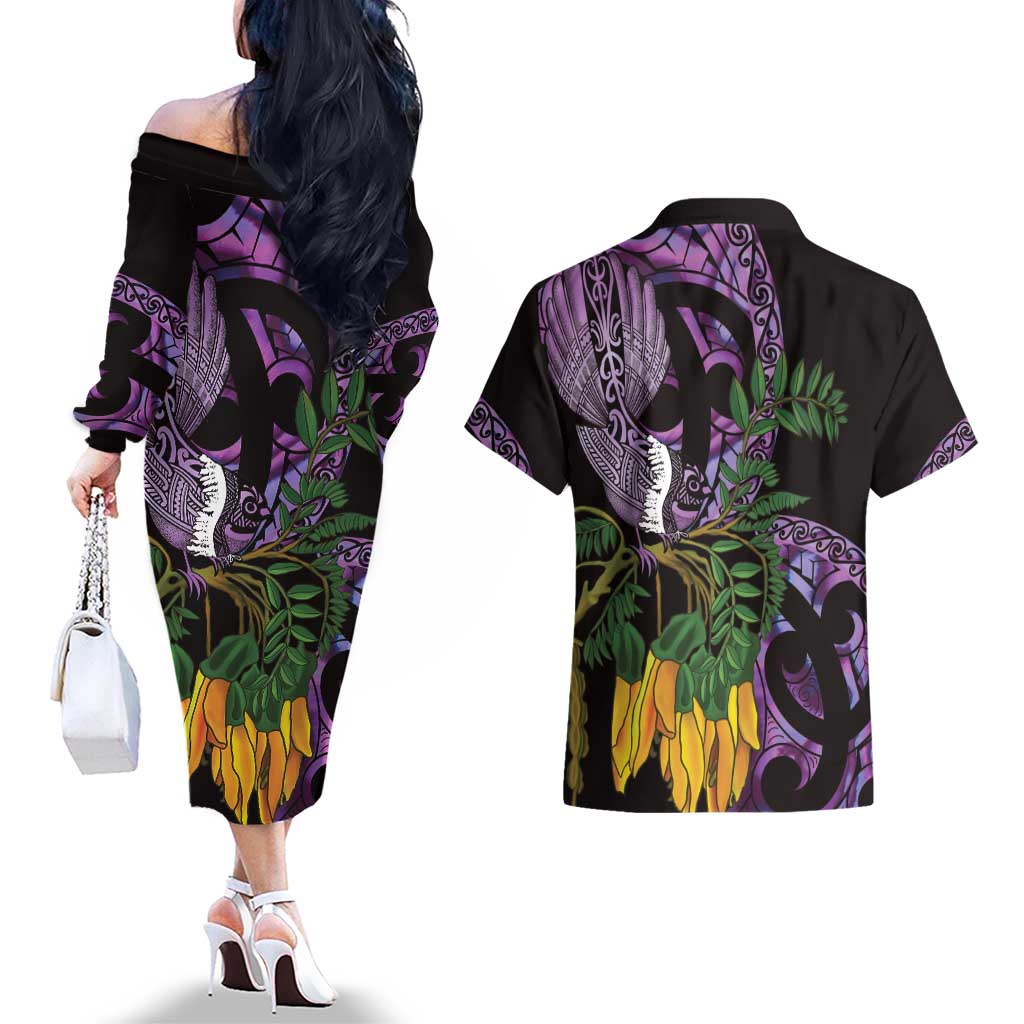 Purple New Zealand Kowhai And Piwakawaka Couples Matching Off The Shoulder Long Sleeve Dress and Hawaiian Shirt Maori Ngaru Paua Shell LT14 - Polynesian Pride