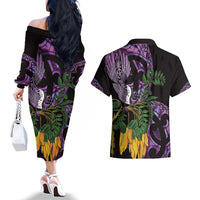 Purple New Zealand Kowhai And Piwakawaka Couples Matching Off The Shoulder Long Sleeve Dress and Hawaiian Shirt Maori Ngaru Paua Shell LT14 - Polynesian Pride