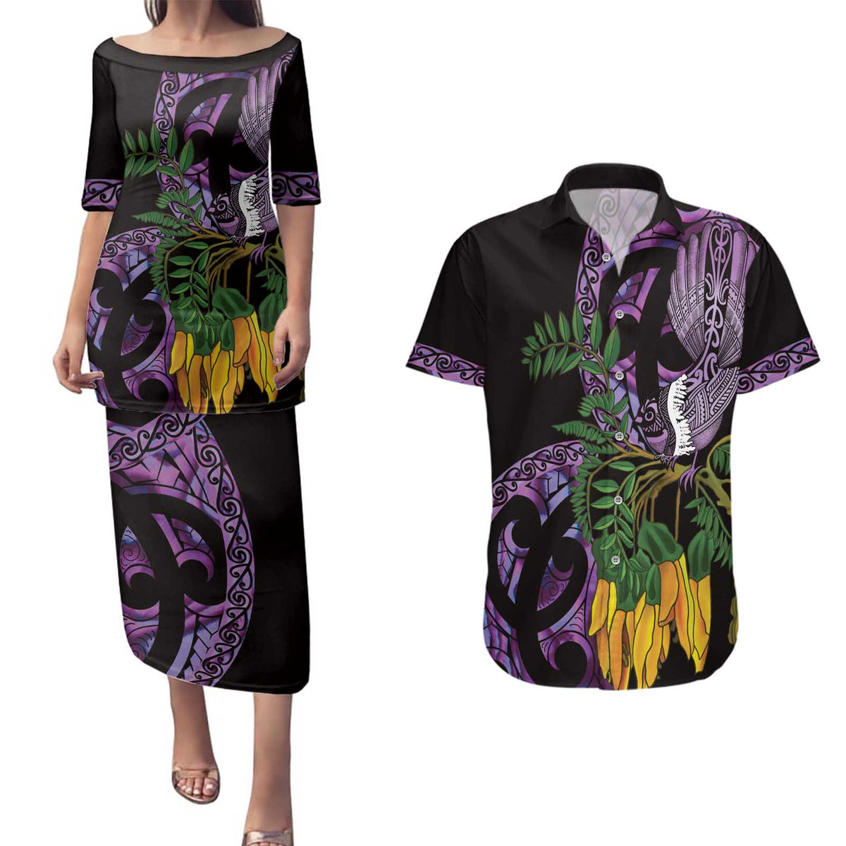 Purple New Zealand Kowhai And Piwakawaka Couples Matching Puletasi and Hawaiian Shirt Maori Ngaru Paua Shell LT14 Purple - Polynesian Pride