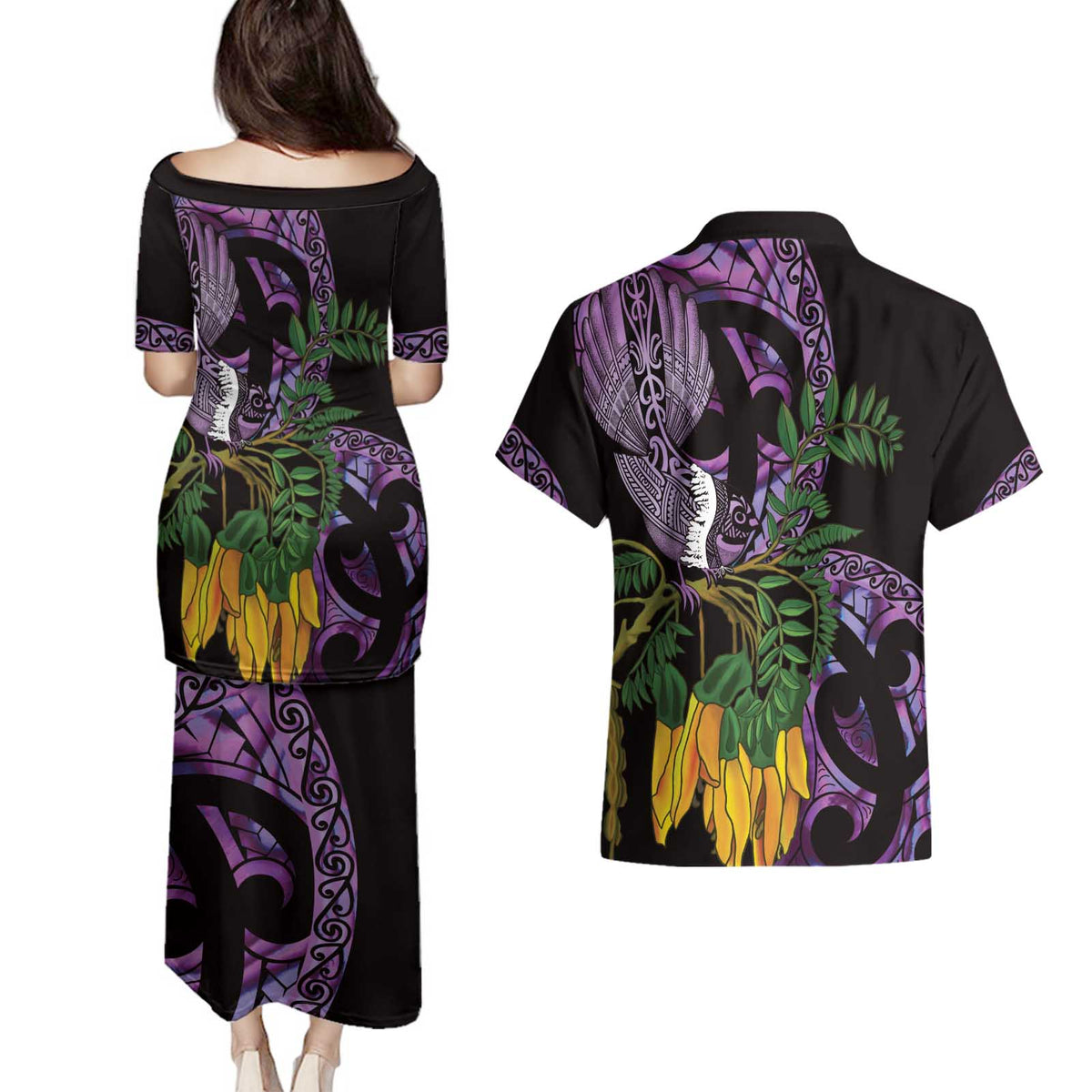 Purple New Zealand Kowhai And Piwakawaka Couples Matching Puletasi and Hawaiian Shirt Maori Ngaru Paua Shell LT14 - Polynesian Pride