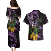 Purple New Zealand Kowhai And Piwakawaka Couples Matching Puletasi and Hawaiian Shirt Maori Ngaru Paua Shell LT14 - Polynesian Pride