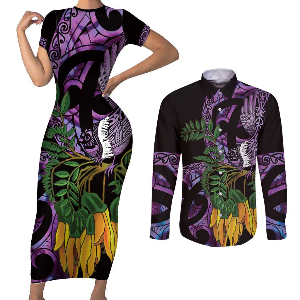Purple New Zealand Kowhai And Piwakawaka Couples Matching Short Sleeve Bodycon Dress and Long Sleeve Button Shirt Maori Ngaru Paua Shell LT14 Purple - Polynesian Pride