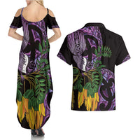 Purple New Zealand Kowhai And Piwakawaka Couples Matching Summer Maxi Dress and Hawaiian Shirt Maori Ngaru Paua Shell LT14 - Polynesian Pride