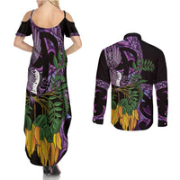 Purple New Zealand Kowhai And Piwakawaka Couples Matching Summer Maxi Dress and Long Sleeve Button Shirt Maori Ngaru Paua Shell LT14 - Polynesian Pride
