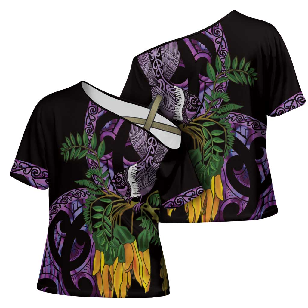 Purple New Zealand Kowhai And Piwakawaka Cross Shoulder Shirt Maori Ngaru Paua Shell LT14 - Polynesian Pride