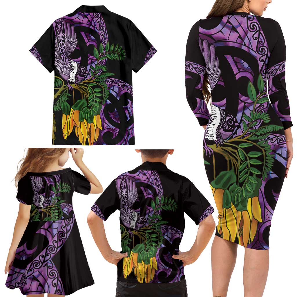 Purple New Zealand Kowhai And Piwakawaka Family Matching Long Sleeve Bodycon Dress and Hawaiian Shirt Maori Ngaru Paua Shell LT14 - Polynesian Pride