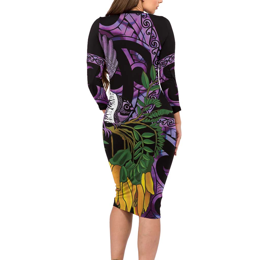 Purple New Zealand Kowhai And Piwakawaka Family Matching Long Sleeve Bodycon Dress and Hawaiian Shirt Maori Ngaru Paua Shell LT14 - Polynesian Pride