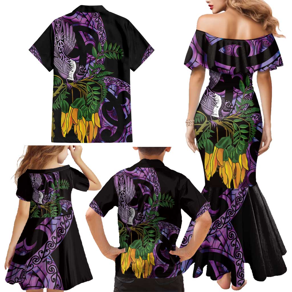 Purple New Zealand Kowhai And Piwakawaka Family Matching Mermaid Dress and Hawaiian Shirt Maori Ngaru Paua Shell LT14 - Polynesian Pride