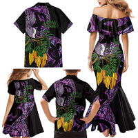 Purple New Zealand Kowhai And Piwakawaka Family Matching Mermaid Dress and Hawaiian Shirt Maori Ngaru Paua Shell LT14 - Polynesian Pride