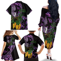 Purple New Zealand Kowhai And Piwakawaka Family Matching Off The Shoulder Long Sleeve Dress and Hawaiian Shirt Maori Ngaru Paua Shell LT14 - Polynesian Pride