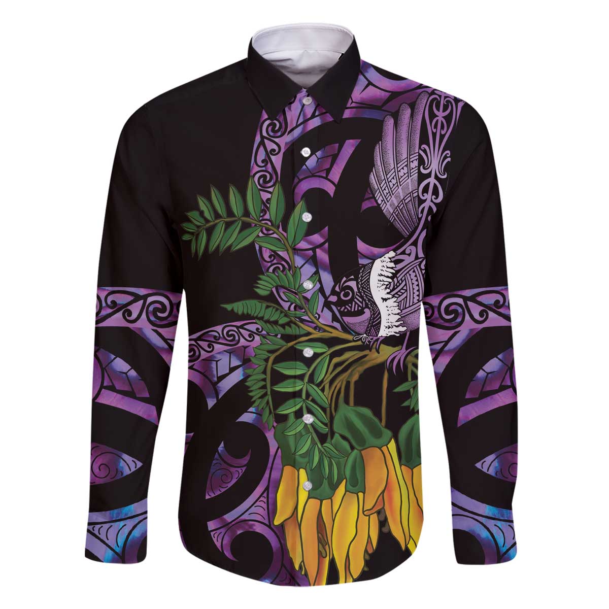 Purple New Zealand Kowhai And Piwakawaka Family Matching Off The Shoulder Long Sleeve Dress and Hawaiian Shirt Maori Ngaru Paua Shell LT14 Dad's Shirt - Long Sleeve Purple - Polynesian Pride