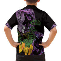 Purple New Zealand Kowhai And Piwakawaka Family Matching Off Shoulder Maxi Dress and Hawaiian Shirt Maori Ngaru Paua Shell LT14 - Polynesian Pride