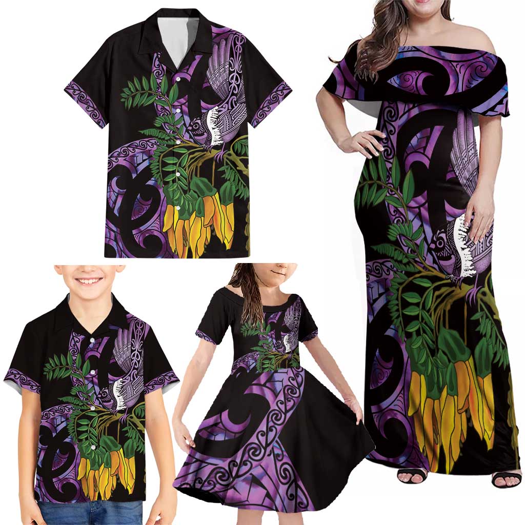 Purple New Zealand Kowhai And Piwakawaka Family Matching Off Shoulder Maxi Dress and Hawaiian Shirt Maori Ngaru Paua Shell LT14 - Polynesian Pride