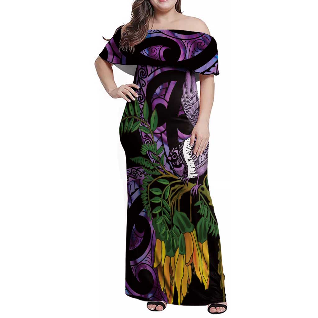 Purple New Zealand Kowhai And Piwakawaka Family Matching Off Shoulder Maxi Dress and Hawaiian Shirt Maori Ngaru Paua Shell LT14 Mom's Dress Purple - Polynesian Pride