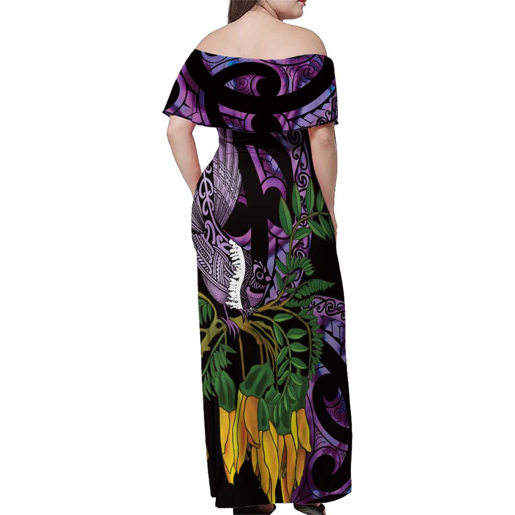 Purple New Zealand Kowhai And Piwakawaka Family Matching Off Shoulder Maxi Dress and Hawaiian Shirt Maori Ngaru Paua Shell LT14 - Polynesian Pride