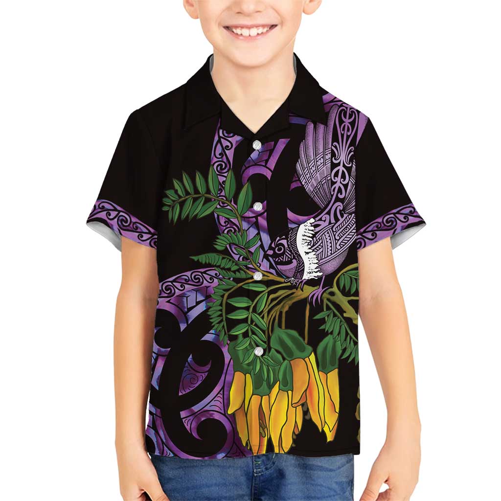 Purple New Zealand Kowhai And Piwakawaka Family Matching Off Shoulder Short Dress and Hawaiian Shirt Maori Ngaru Paua Shell LT14 Son's Shirt Purple - Polynesian Pride