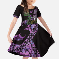 Purple New Zealand Kowhai And Piwakawaka Family Matching Puletasi and Hawaiian Shirt Maori Ngaru Paua Shell LT14 Daughter's Dress Purple - Polynesian Pride