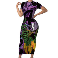 Purple New Zealand Kowhai And Piwakawaka Family Matching Short Sleeve Bodycon Dress and Hawaiian Shirt Maori Ngaru Paua Shell LT14 Mom's Dress Purple - Polynesian Pride