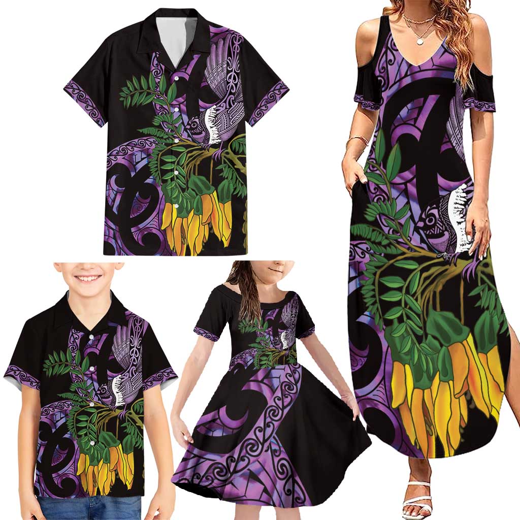 Purple New Zealand Kowhai And Piwakawaka Family Matching Summer Maxi Dress and Hawaiian Shirt Maori Ngaru Paua Shell LT14 - Polynesian Pride