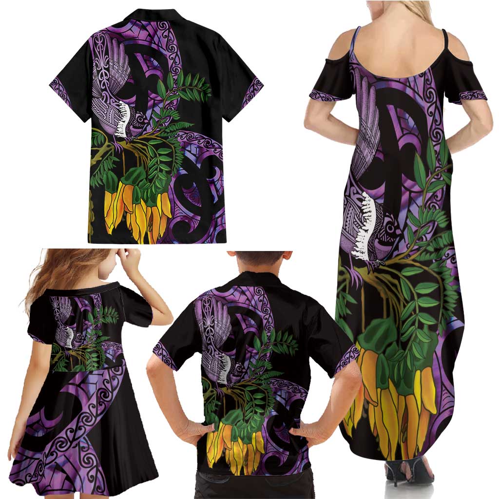 Purple New Zealand Kowhai And Piwakawaka Family Matching Summer Maxi Dress and Hawaiian Shirt Maori Ngaru Paua Shell LT14 - Polynesian Pride