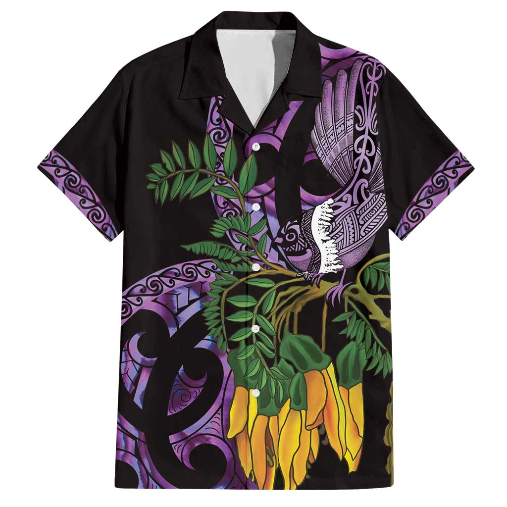 Purple New Zealand Kowhai And Piwakawaka Family Matching Summer Maxi Dress and Hawaiian Shirt Maori Ngaru Paua Shell LT14 Dad's Shirt - Short Sleeve Purple - Polynesian Pride