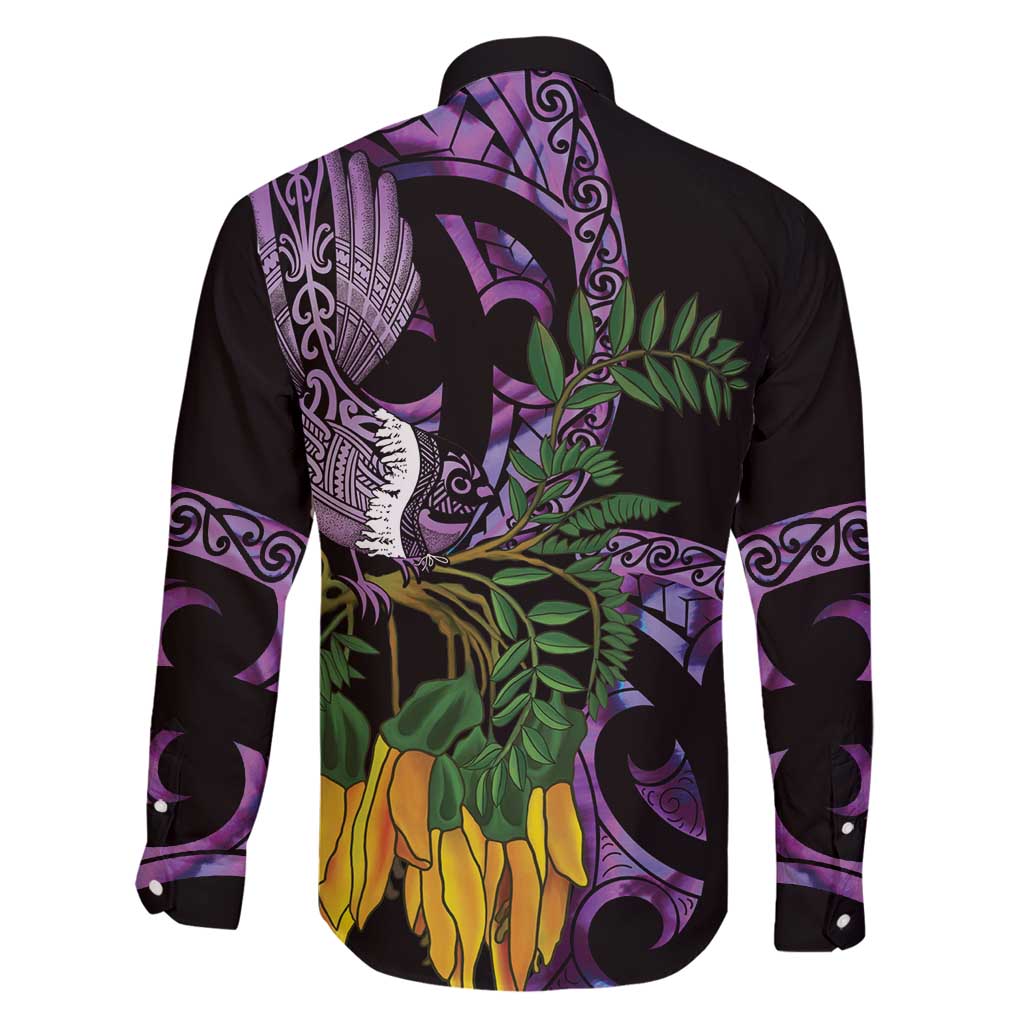 Purple New Zealand Kowhai And Piwakawaka Family Matching Summer Maxi Dress and Hawaiian Shirt Maori Ngaru Paua Shell LT14 - Polynesian Pride