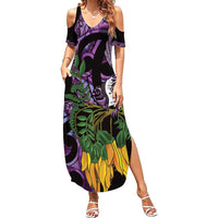 Purple New Zealand Kowhai And Piwakawaka Family Matching Summer Maxi Dress and Hawaiian Shirt Maori Ngaru Paua Shell LT14 Mom's Dress Purple - Polynesian Pride
