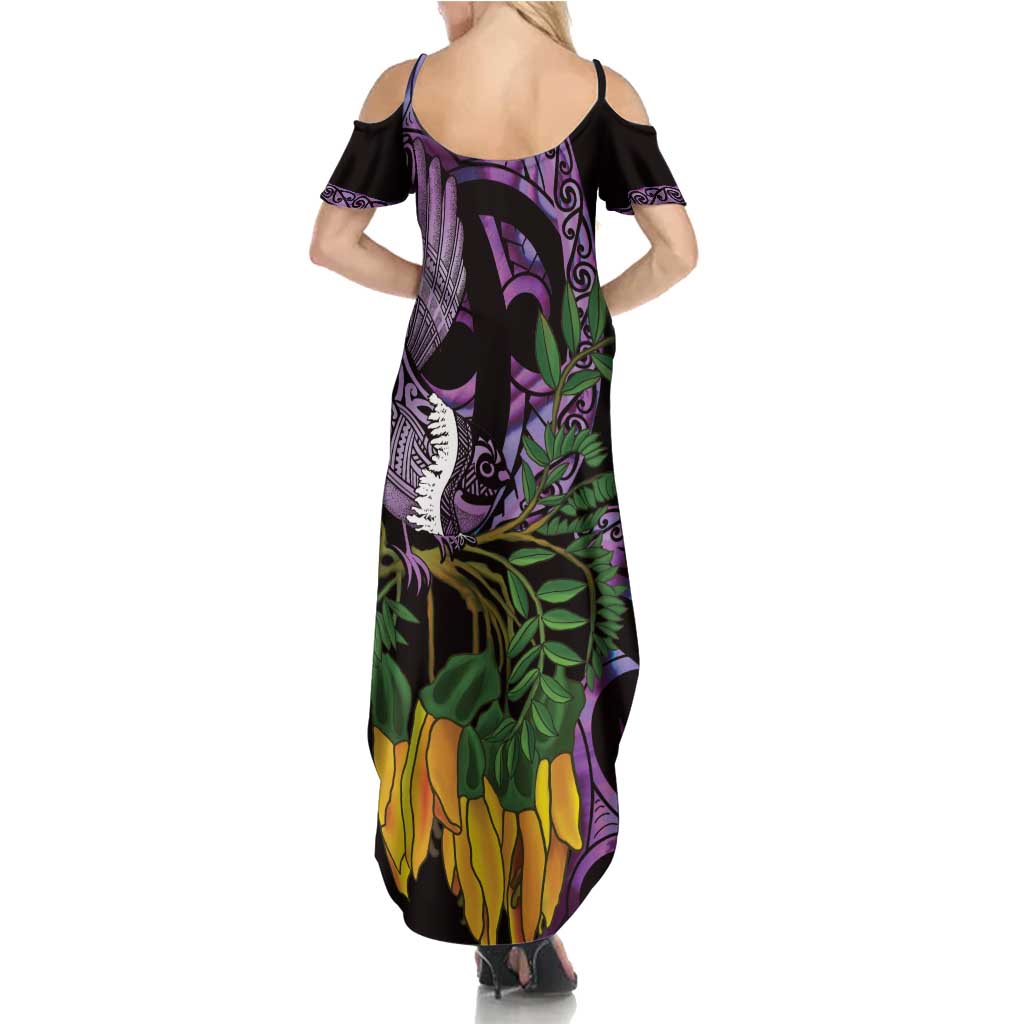 Purple New Zealand Kowhai And Piwakawaka Family Matching Summer Maxi Dress and Hawaiian Shirt Maori Ngaru Paua Shell LT14 - Polynesian Pride