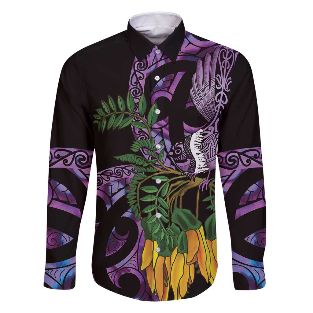 Purple New Zealand Kowhai And Piwakawaka Family Matching Tank Maxi Dress and Hawaiian Shirt Maori Ngaru Paua Shell LT14 Dad's Shirt - Long Sleeve Purple - Polynesian Pride