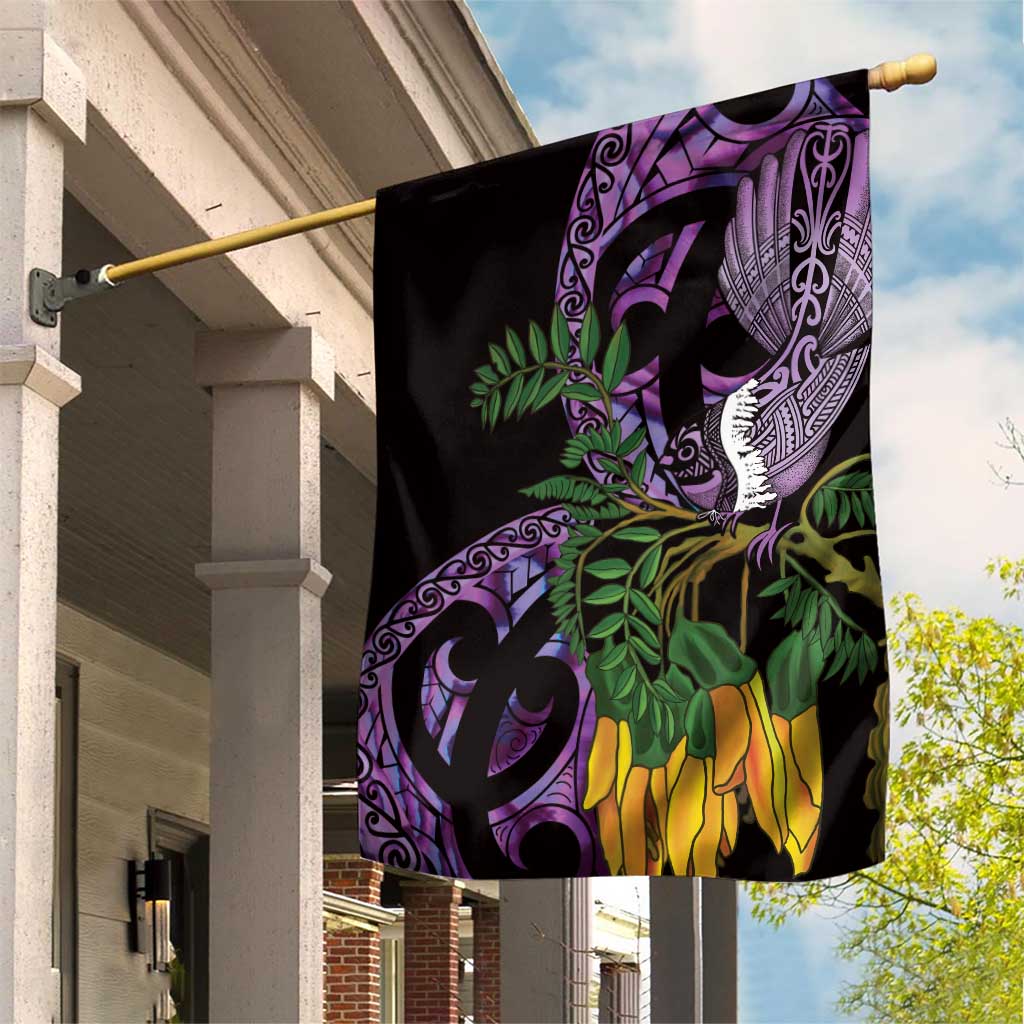 Purple New Zealand Kowhai And Piwakawaka Garden Flag Maori Ngaru Paua Shell LT14 House Flag Purple - Polynesian Pride