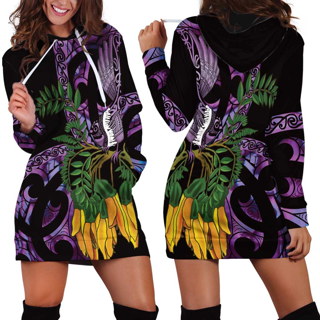 Purple New Zealand Kowhai And Piwakawaka Hoodie Dress Maori Ngaru Paua Shell LT14 - Polynesian Pride