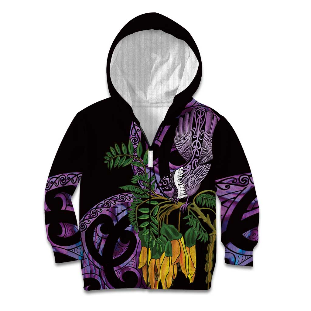 Purple New Zealand Kowhai And Piwakawaka Kid Hoodie Maori Ngaru Paua Shell LT14 Zip Hoodie Purple - Polynesian Pride
