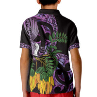 Purple New Zealand Kowhai And Piwakawaka Kid Polo Shirt Maori Ngaru Paua Shell LT14 - Polynesian Pride