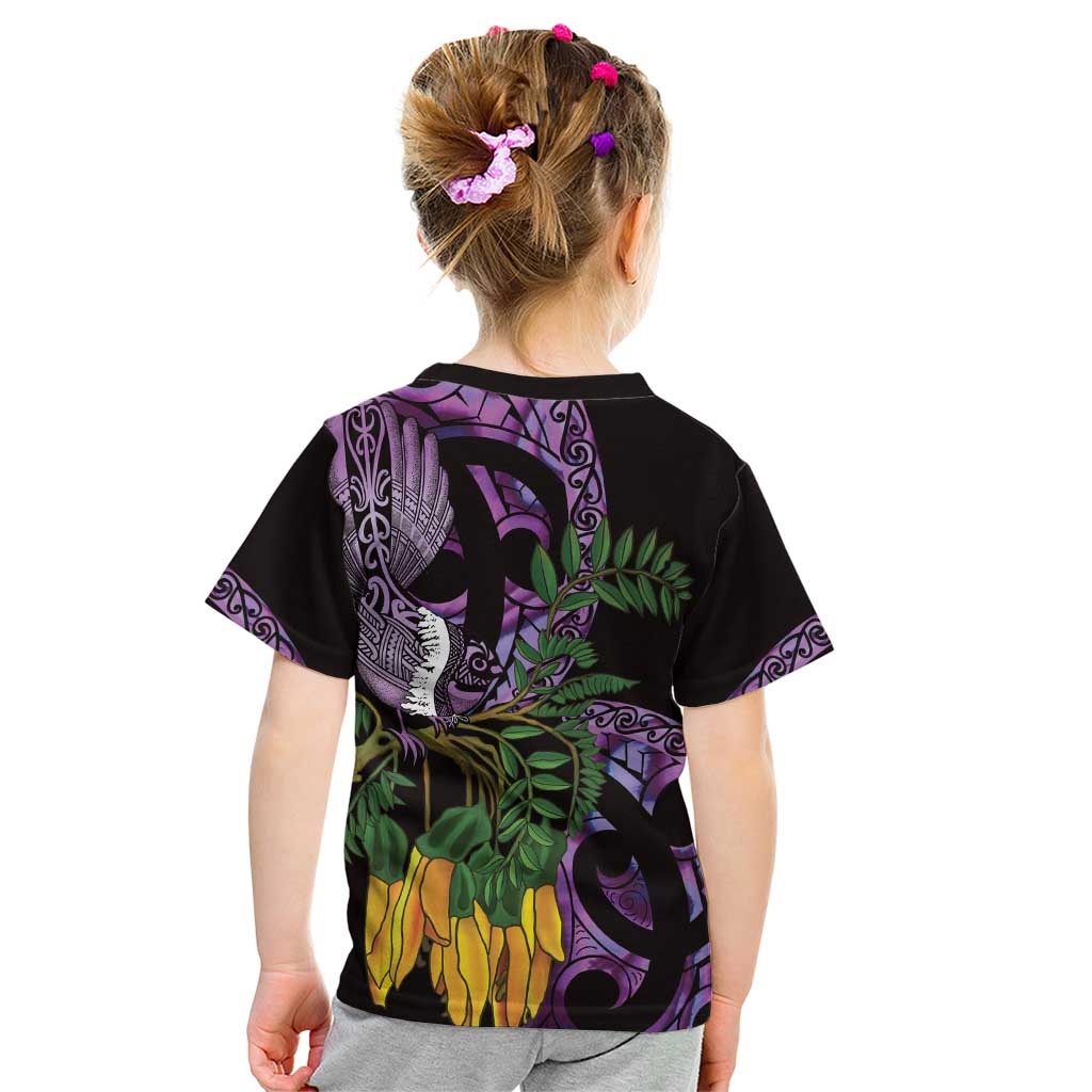 Purple New Zealand Kowhai And Piwakawaka Kid T Shirt Maori Ngaru Paua Shell LT14 - Polynesian Pride