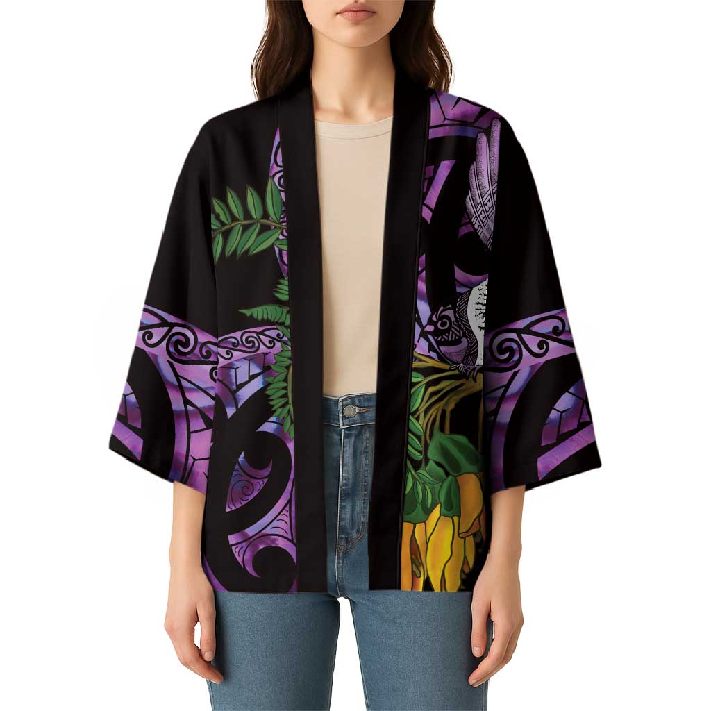 Purple New Zealand Kowhai And Piwakawaka Kimono Maori Ngaru Paua Shell LT14 - Polynesian Pride