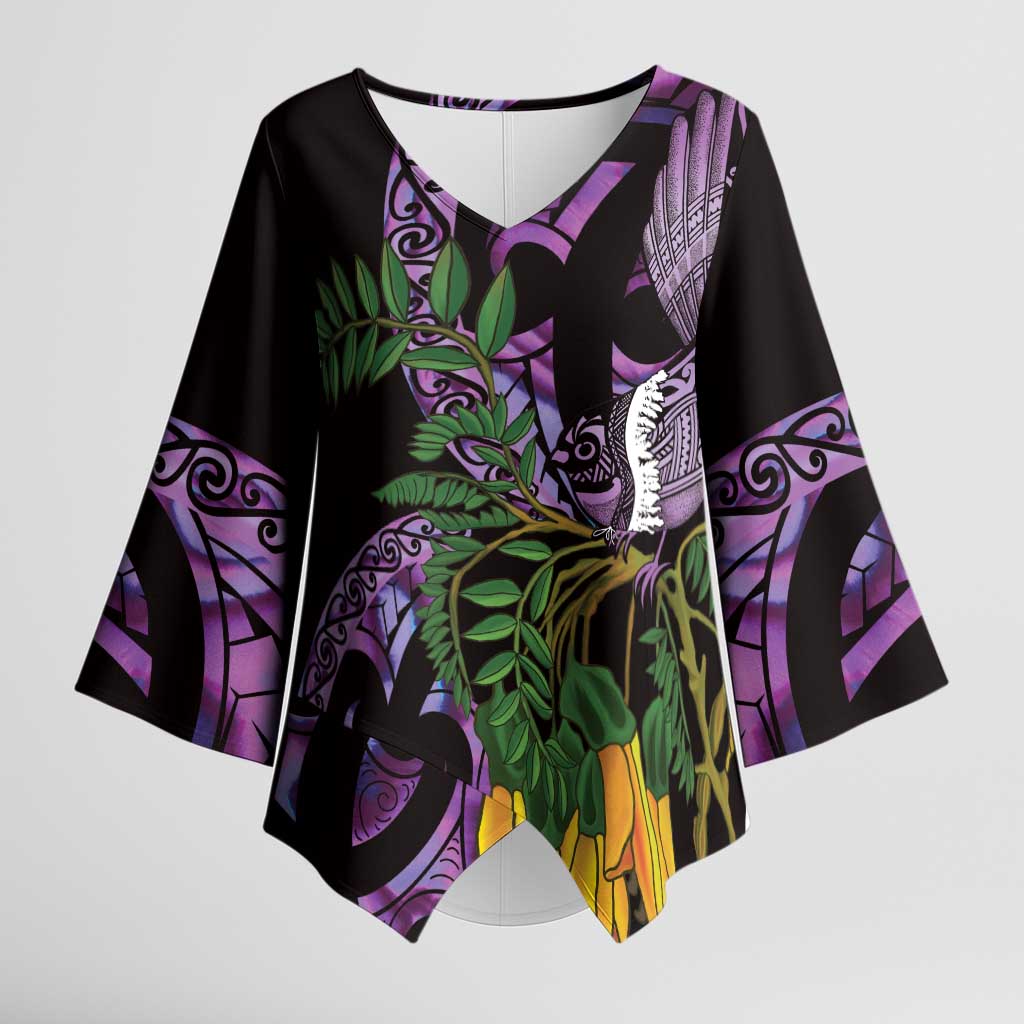 Purple New Zealand Kowhai And Piwakawaka Kimono Sleeve Blouse Maori Ngaru Paua Shell LT14 Female Purple - Polynesian Pride